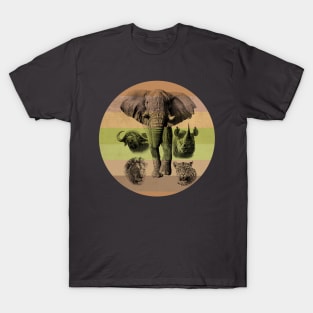 Africa's Big 5 on Retro-style Sunset in Colors of Africa T-Shirt